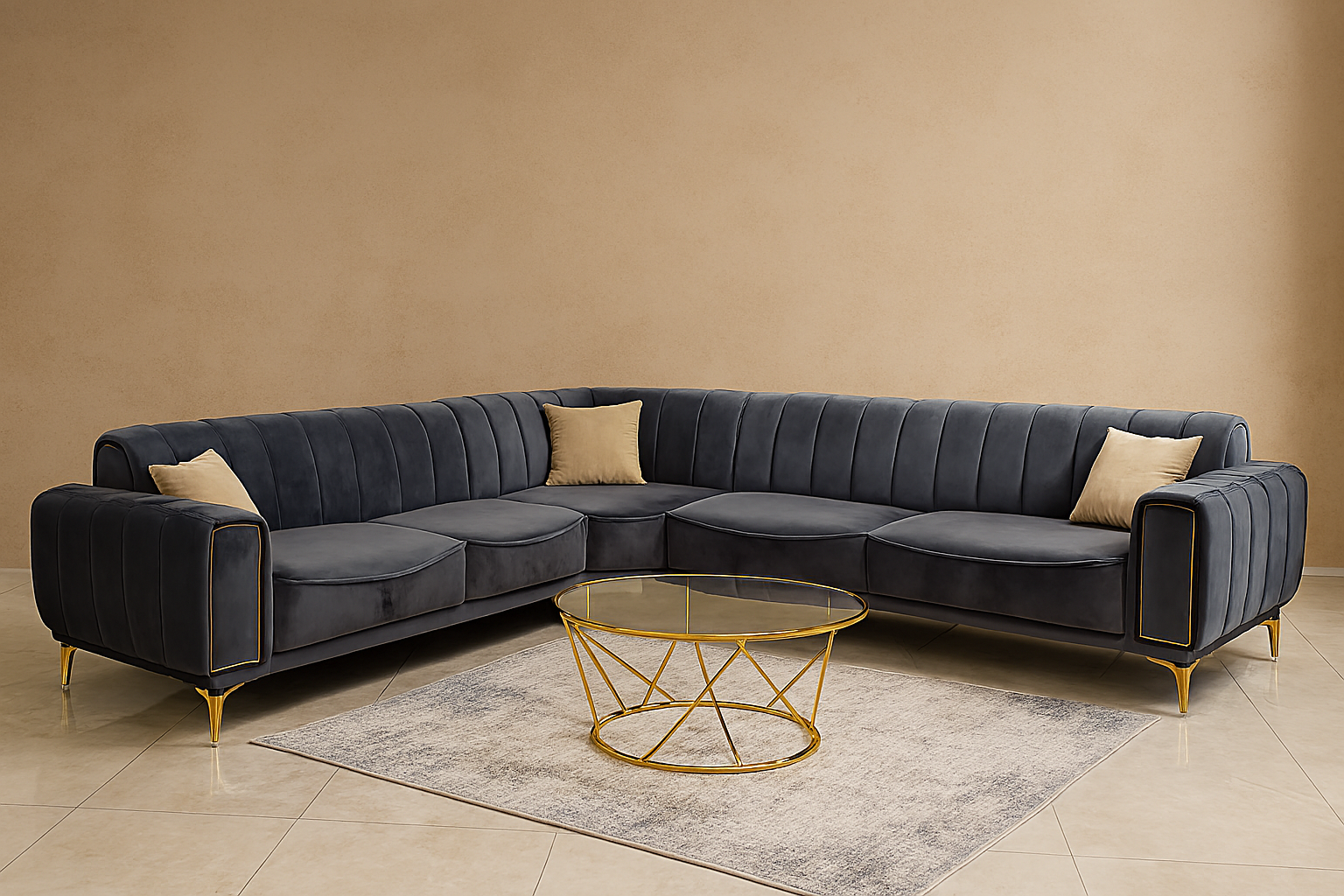 Salon capitoné velours gris sombre